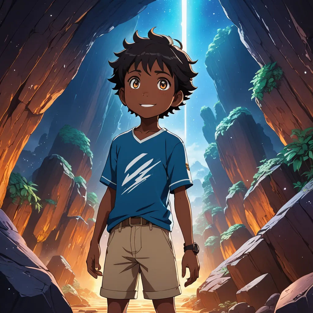 a boy standing in a cave with a sword in his hand and a sky background with rocks and trees, rayonism, a cave painting, Adam Manyoki, anime key visual