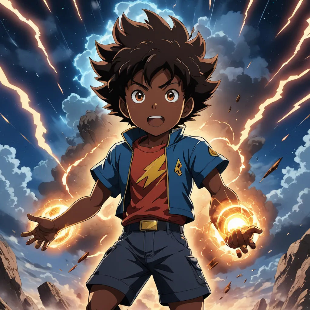 a young boy is standing in front of a lightning storm with his hands out and his eyes open,, rayonism, poster art, Adam Manyoki, official art