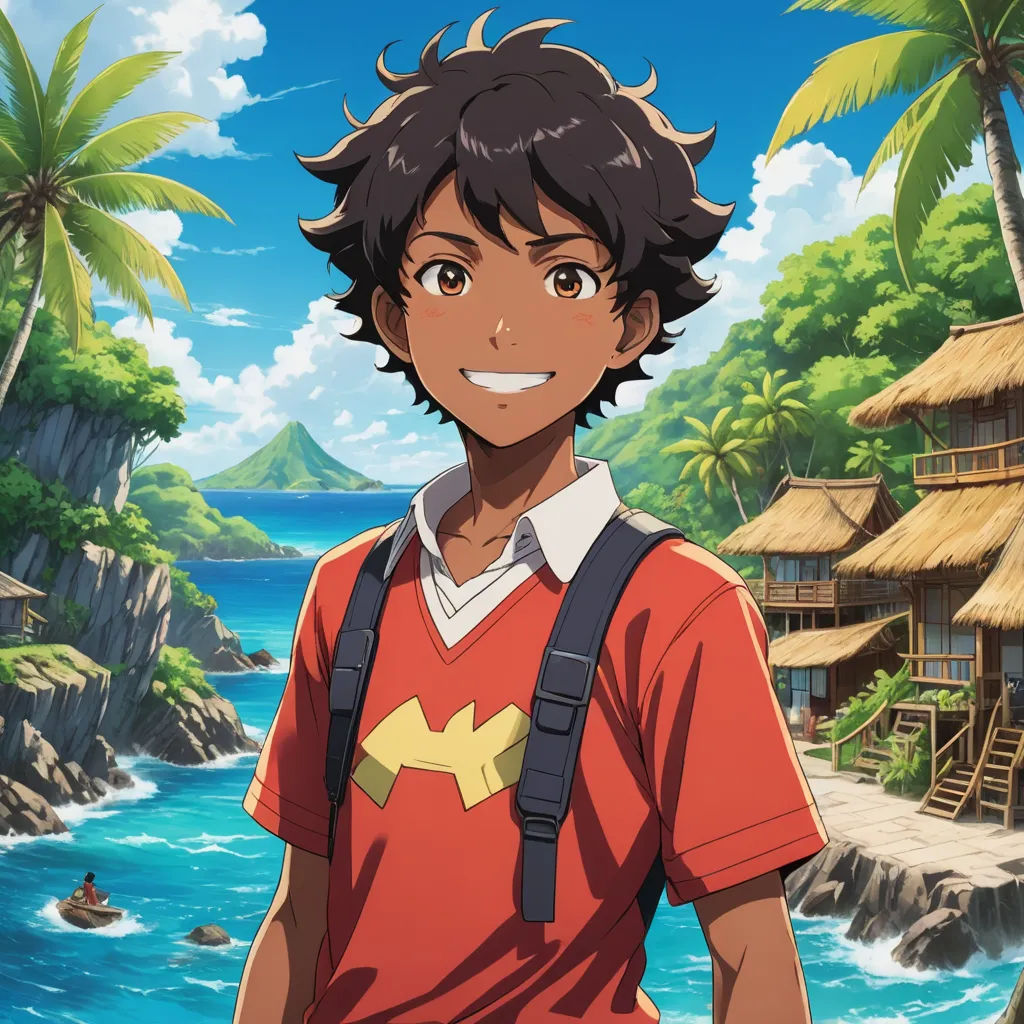 a man standing in front of a beach with a boat in the water and a house on the shore, rayonism, a character portrait, Adam Manyoki, anime key visual