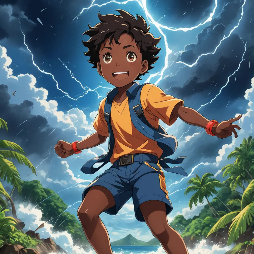 a boy in a yellow shirt and blue shorts standing on a rock in front of a lightning storm with his hands out, sots art, concept art, Adam Manyoki, official art
