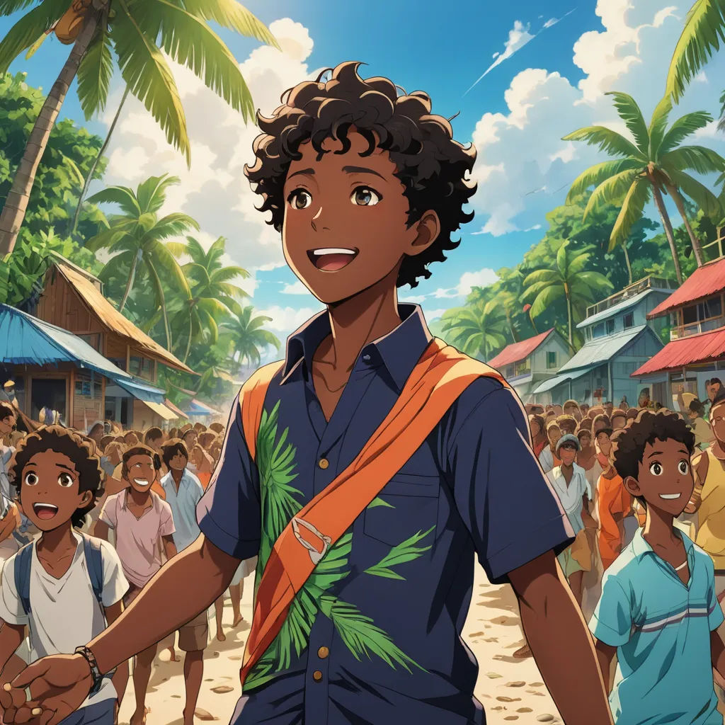 a man in a blue shirt and a crowd of people in a tropical setting with palm trees and a blue sky, socialist realism, concept art, Cedric Seaut (Keos Masons), cushart krenz