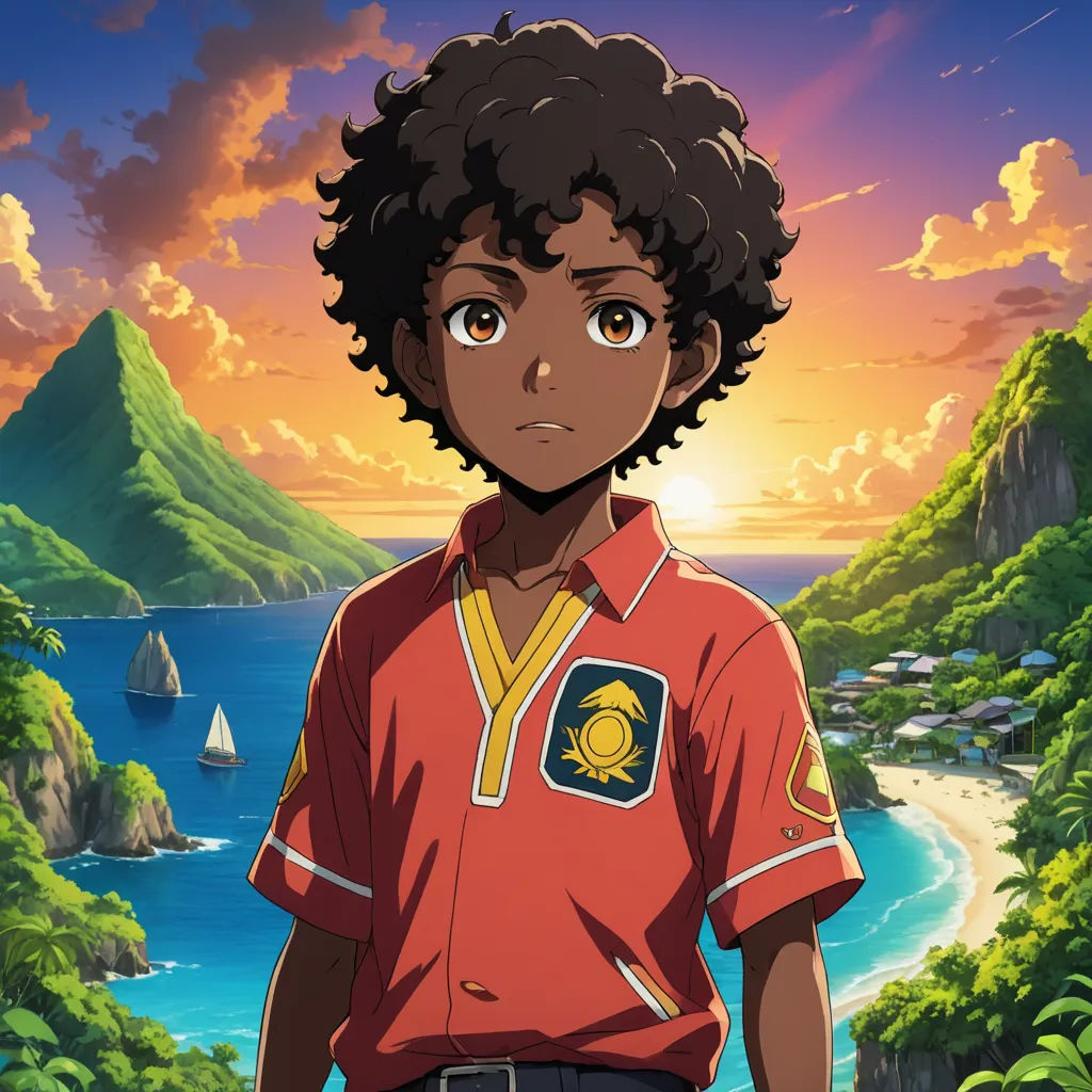 a young man standing in front of a sunset with a mountain in the background and a body of water in the foreground, rayonism, a character portrait, Cedric Seaut (Keos Masons), official art