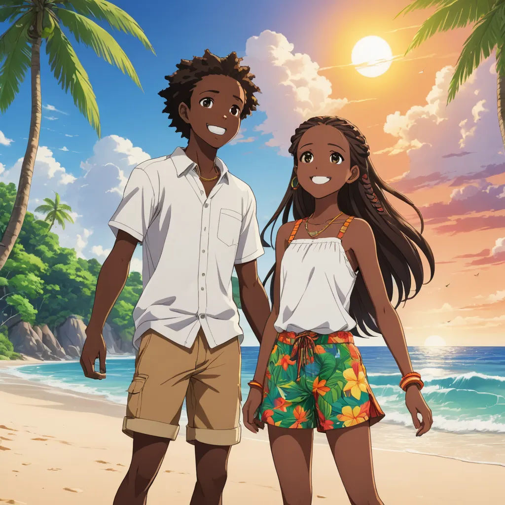 a man and a woman standing on a beach next to the ocean with palm trees in the background and a sunset, rayonism, concept art, Cedric Seaut (Keos Masons), official art