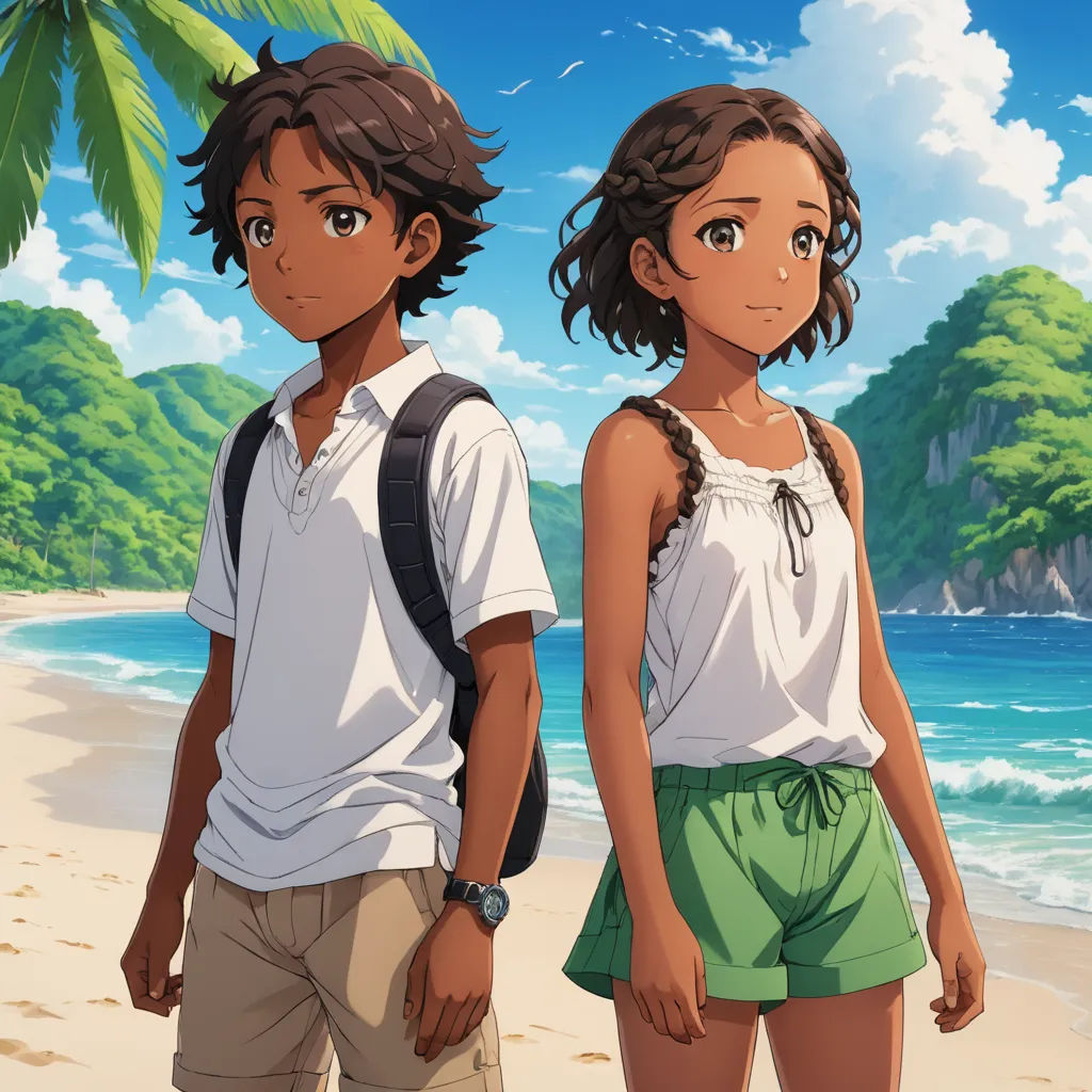 a couple of people standing on top of a beach next to the ocean with a palm tree in the background, sots art, concept art, Eizan Kikukawa, official art