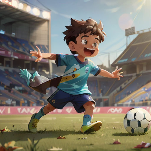 a cartoon boy kicking a soccer ball on a field of grass in front of a stadium with a sky background
