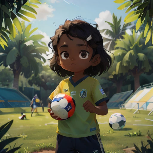 a young girl holding a soccer ball in a park with palm trees and tents in the background, in a scene from the animated