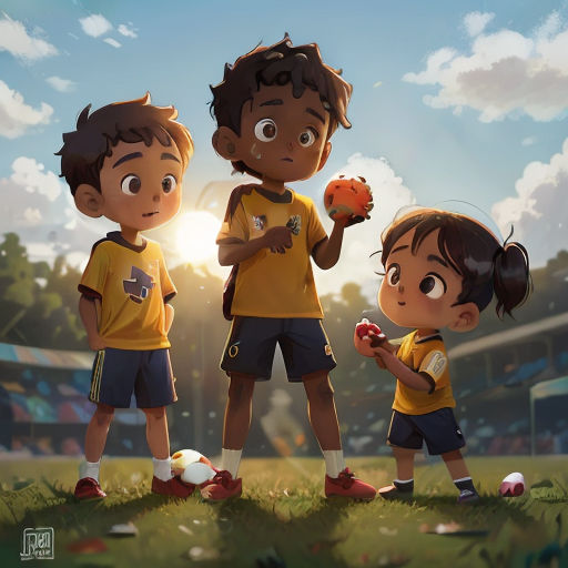 three children standing in a field with a ball and a glove in their hands, with a stadium in the background