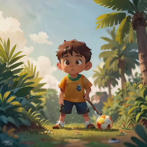 a boy holding a soccer ball and a bat in a jungle setting with palm trees and a yellow and white ball