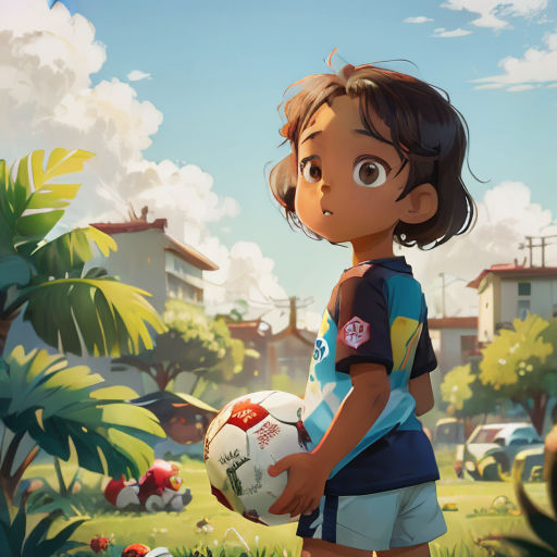 a young girl holding a soccer ball in a park with a house in the background and clouds in the sky
