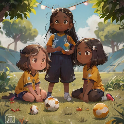 three children are sitting on the ground with soccer balls in front of them and a tree in the background