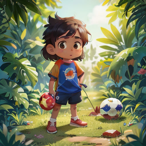 a young boy holding a soccer ball in a jungle setting with a soccer ball in the foreground and a soccer ball in the foreground