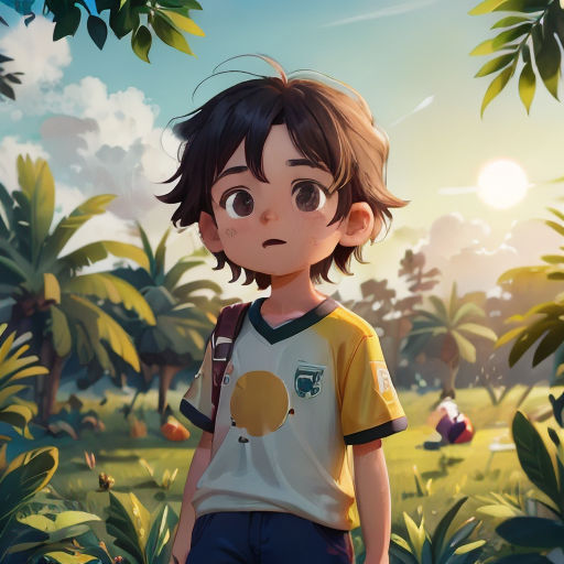 a boy in a yellow shirt standing in a field with trees and grass in the background and a sky with clouds