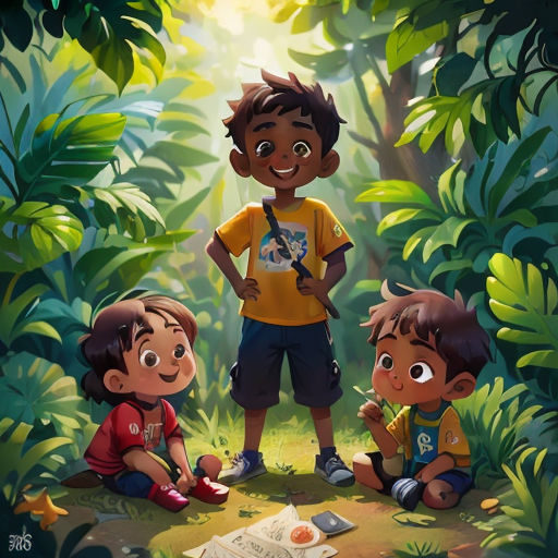 three children are sitting in the jungle with a book and a camera in front of them, and a book is on the ground
