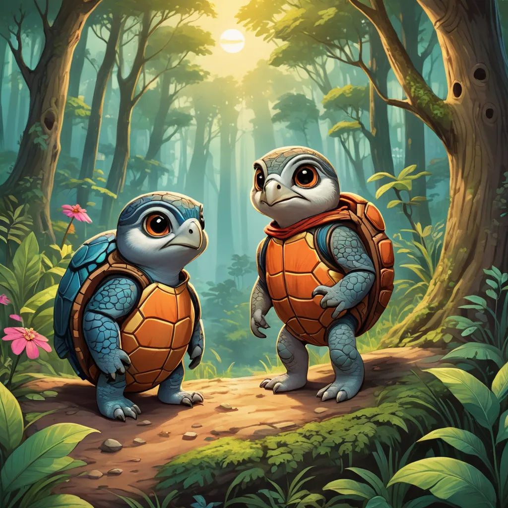 two turtles are standing in the middle of a forest with a sun shining through the trees and leaves on the ground, sots art, concept art, Brothers Hildebrandt, official art