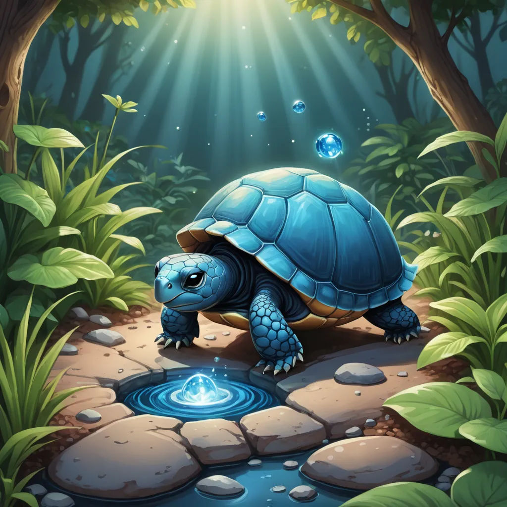 a turtle in the middle of a forest with a pond of water in front of it and a sunbeam, fantasy art, a storybook illustration, Chris LaBrooy, golden ratio illustration