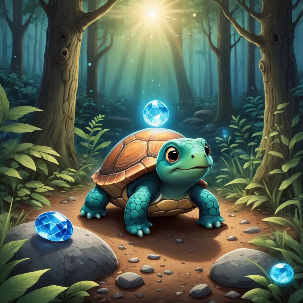 a turtle in the middle of a forest with a glowing orb on its back and a glowing orb on its back, sots art, concept art, Chris LaBrooy, game art