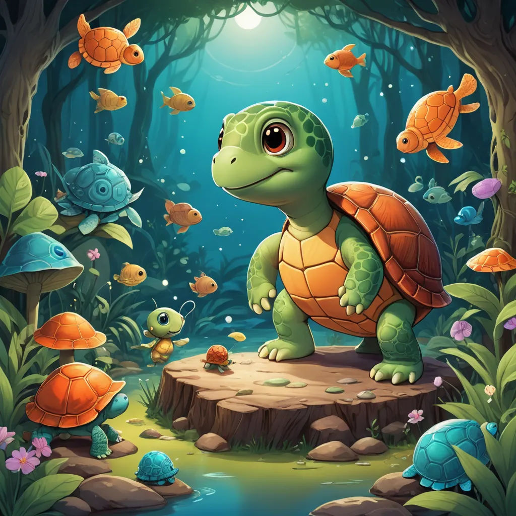 a turtle and many fish in a forest with a light on the top of it's head and a pond below, fantasy art, a storybook illustration, Chris LaBrooy, storybook illustration