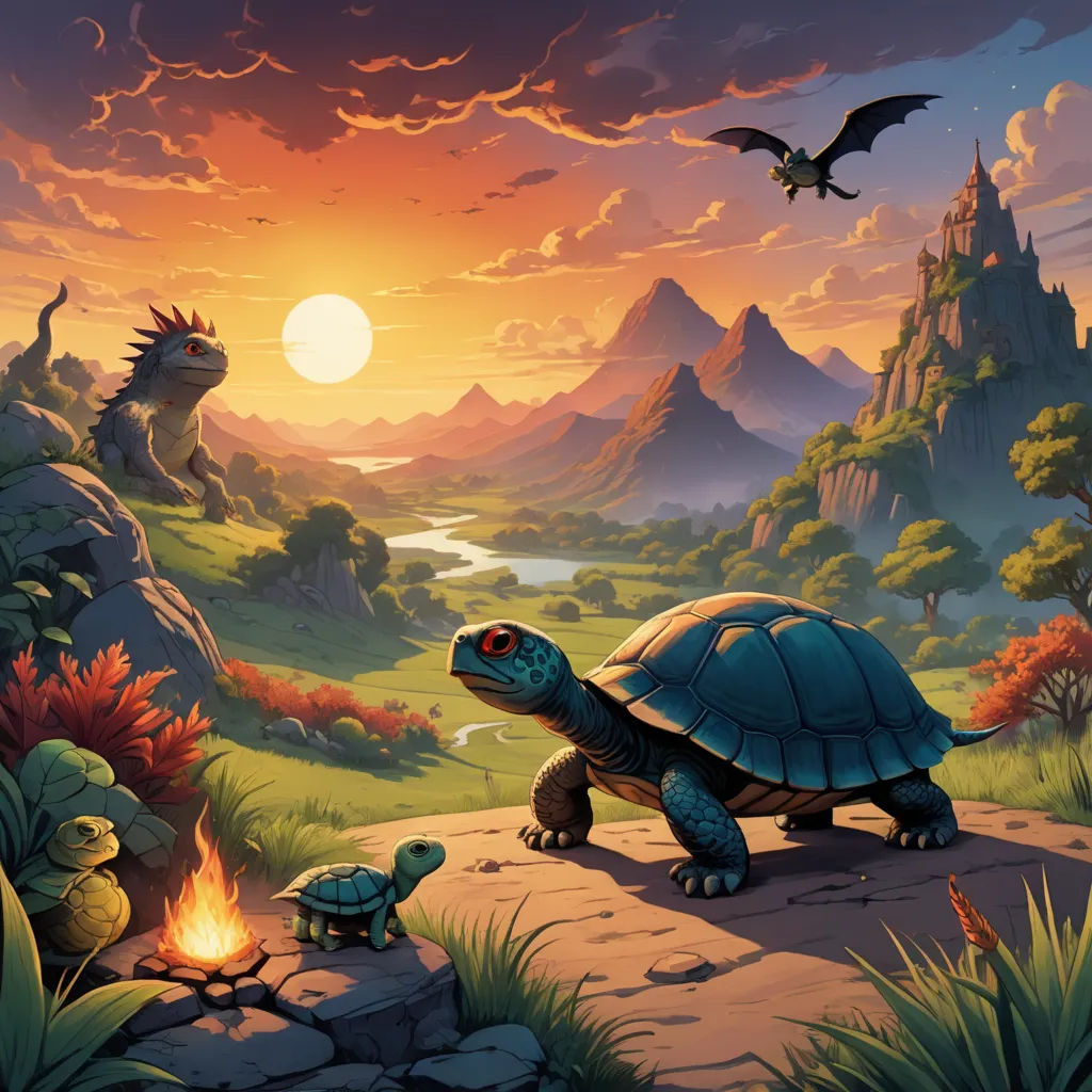a painting of a turtle and a baby turtle on a rock in a beautiful landscape with a dragon flying over the mountain, fantasy art, a storybook illustration, Chris LaBrooy, magic the gathering artwork