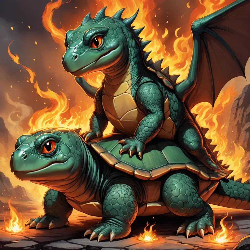 a cartoon of a dragon riding a turtle on fire with a flame behind it's back end and wings, altermodern, a storybook illustration, Chris LaBrooy, magic the gathering artwork