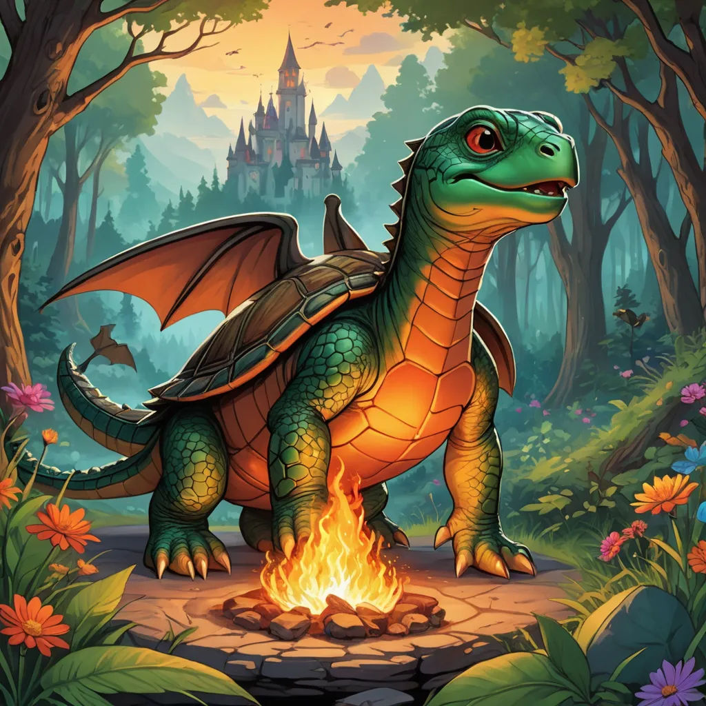 a cartoon dragon sitting on a rock in the forest with a castle in the background and a fire in the foreground, fantasy art, a storybook illustration, Chris LaBrooy, official art