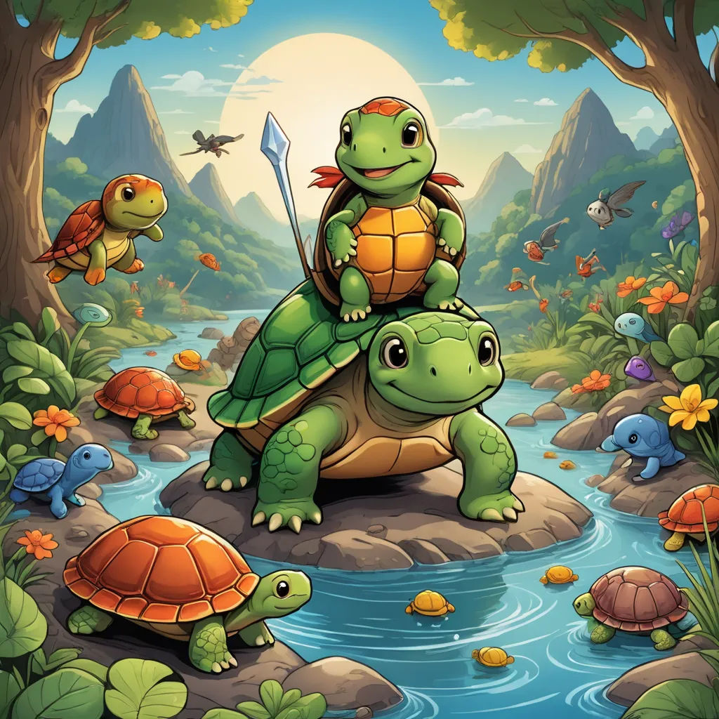 a turtle and a turtle on a rock in a river with other turtles and a dragon in the background, sots art, a storybook illustration, Dan Mumford, game art