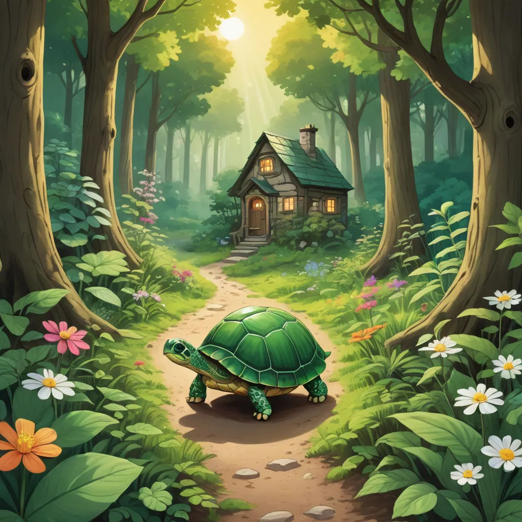 a painting of a turtle walking towards a house in the woods with flowers and trees around it, with a pathway leading to the house, fantasy art, a storybook illustration, Chris LaBrooy, storybook illustration