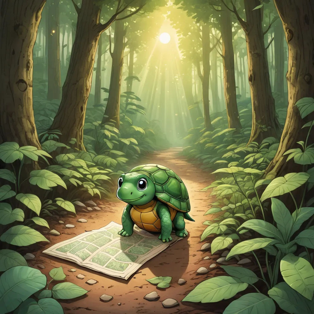 a turtle is sitting on a book in the middle of a forest with sunbeams and leaves on the ground, sots art, a storybook illustration, Chris LaBrooy, magic the gathering artwork