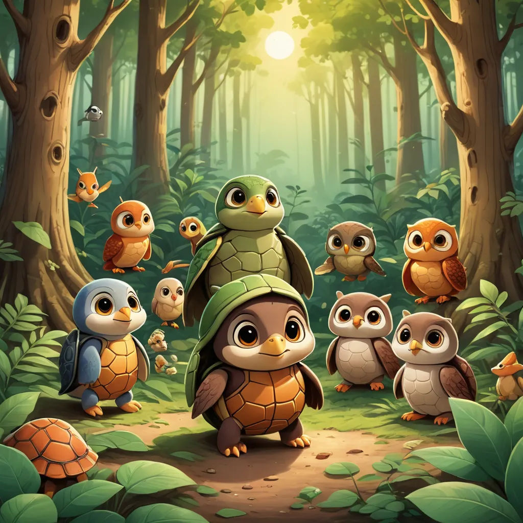 a group of owls standing in the forest with a turtle on its back and a turtle on its back, sots art, a storybook illustration, Dan Mumford, game art