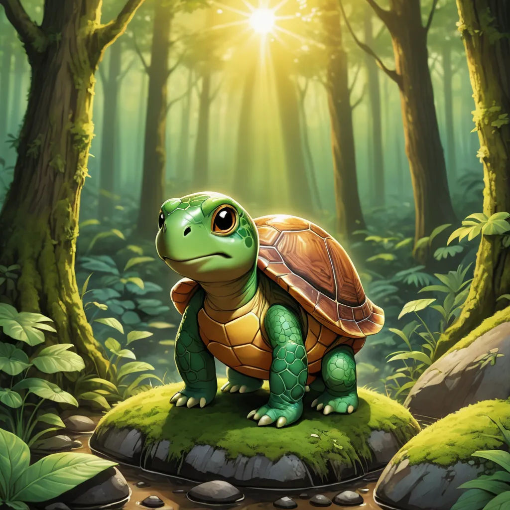 a turtle sitting on a rock in the middle of a forest with sunlight shining through the trees and leaves, sots art, a storybook illustration, Chris LaBrooy, magic the gathering artwork