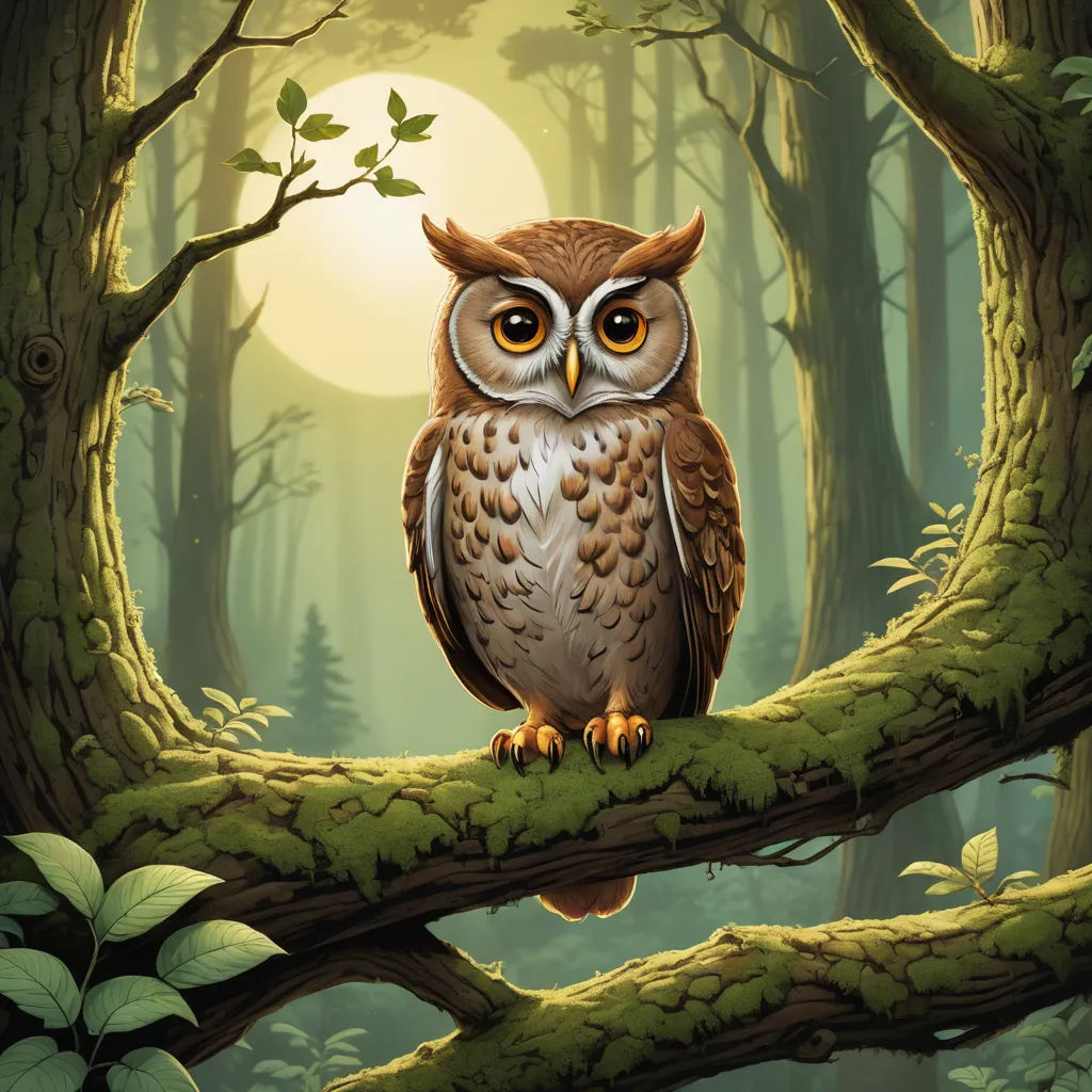 a painting of an owl sitting on a tree branch in a forest with a full moon in the background, fantasy art, a storybook illustration, Dan Mumford, storybook illustration