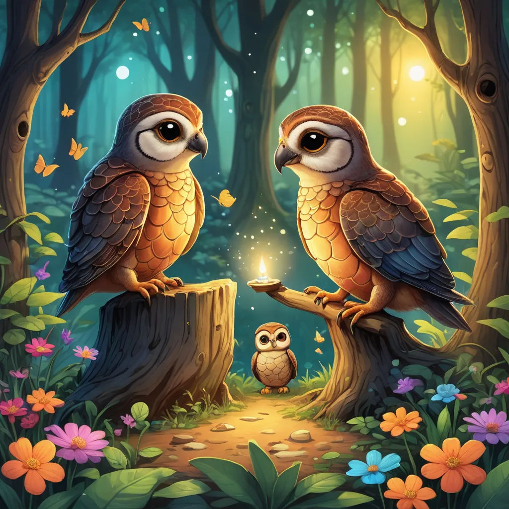 two owls sitting on a tree stump in a forest with a light in their beaks and a small owl sitting on a branch, fantasy art, a storybook illustration, Dan Mumford, rossdraws global illumination
