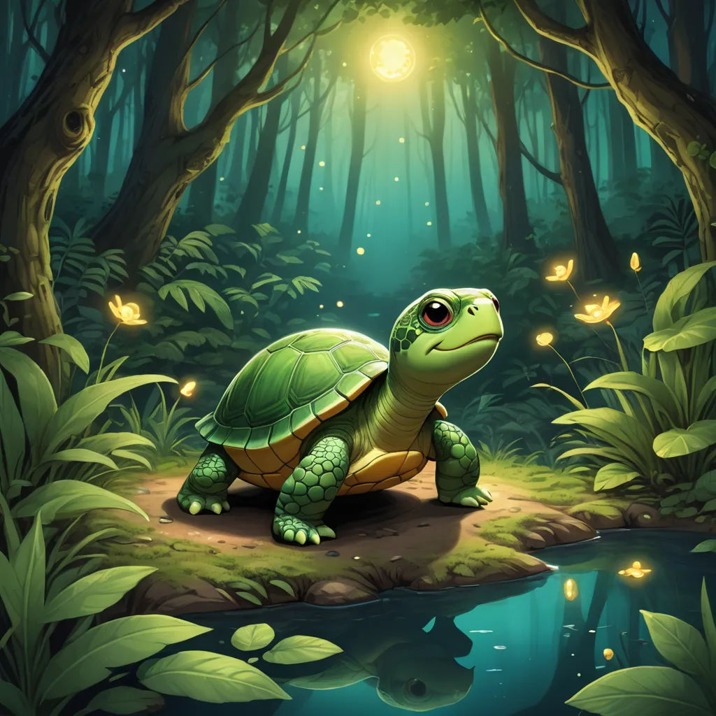 a turtle sitting on a rock in the middle of a forest with a light shining on it's head, fantasy art, a storybook illustration, Chris LaBrooy, magic the gathering artwork