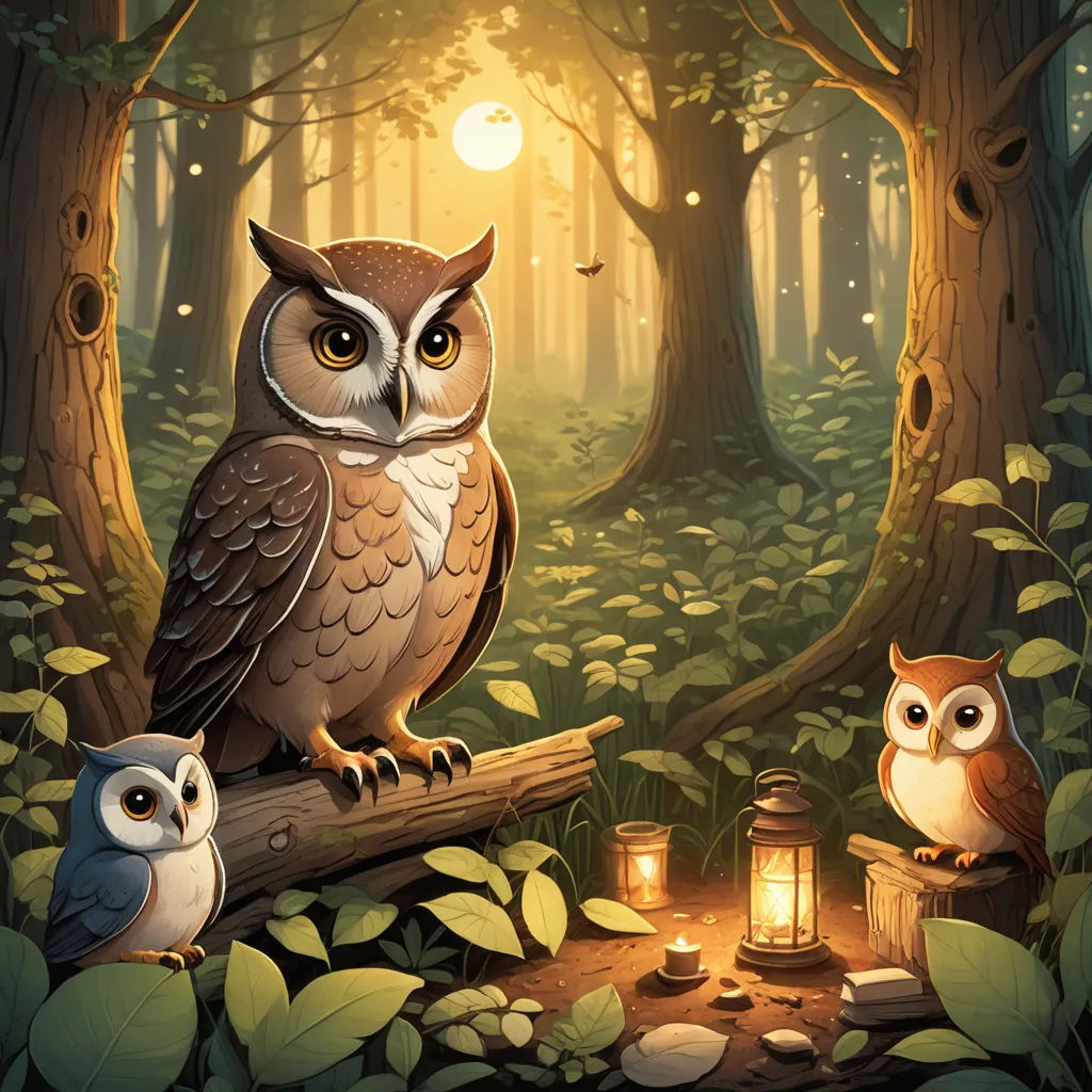 a painting of two owls sitting on a log in a forest with a lantern in the foreground and a forest background, fantasy art, a storybook illustration, Dan Mumford, rossdraws global illumination