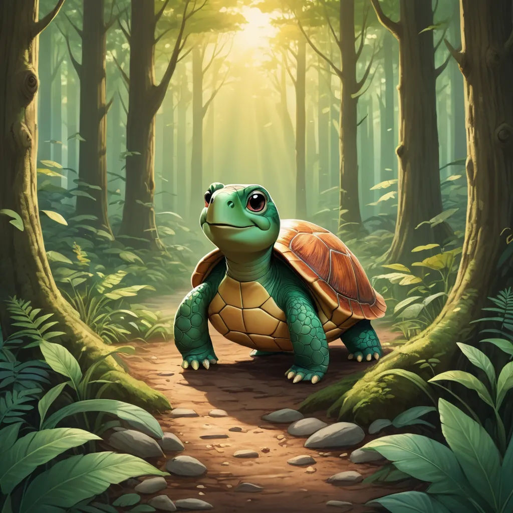 a painting of a turtle in a forest with sunlight coming through the trees and leaves on the ground and on the ground, sots art, a digital painting, Chris LaBrooy, magic the gathering artwork