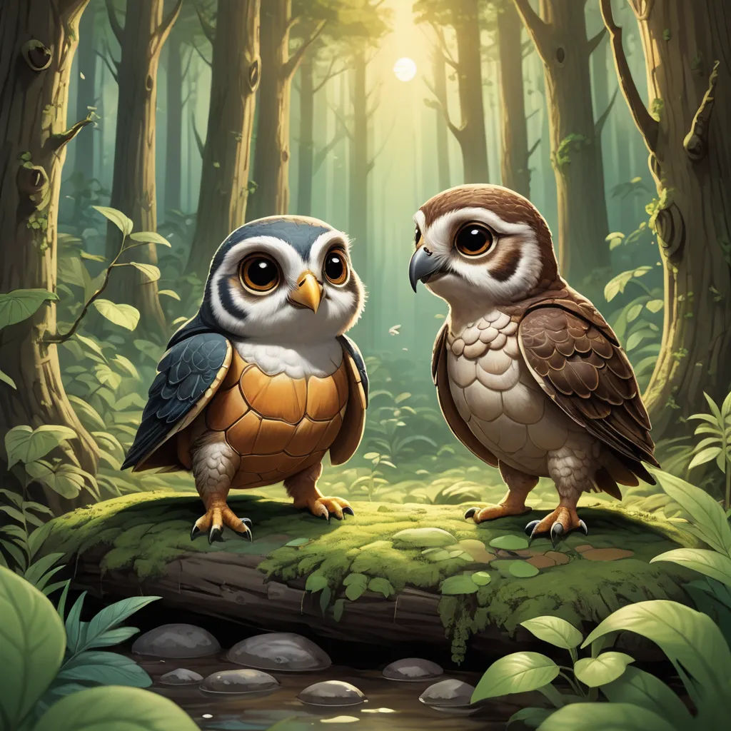 two owls standing on a log in a forest with a stream running through it and the sun shining through the trees, sots art, concept art, Chris LaBrooy, game art