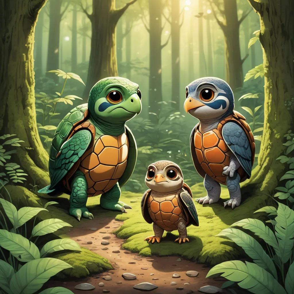 a couple of turtles standing on top of a forest floor next to each other on a dirt road near a forest, sots art, concept art, Craola, official art