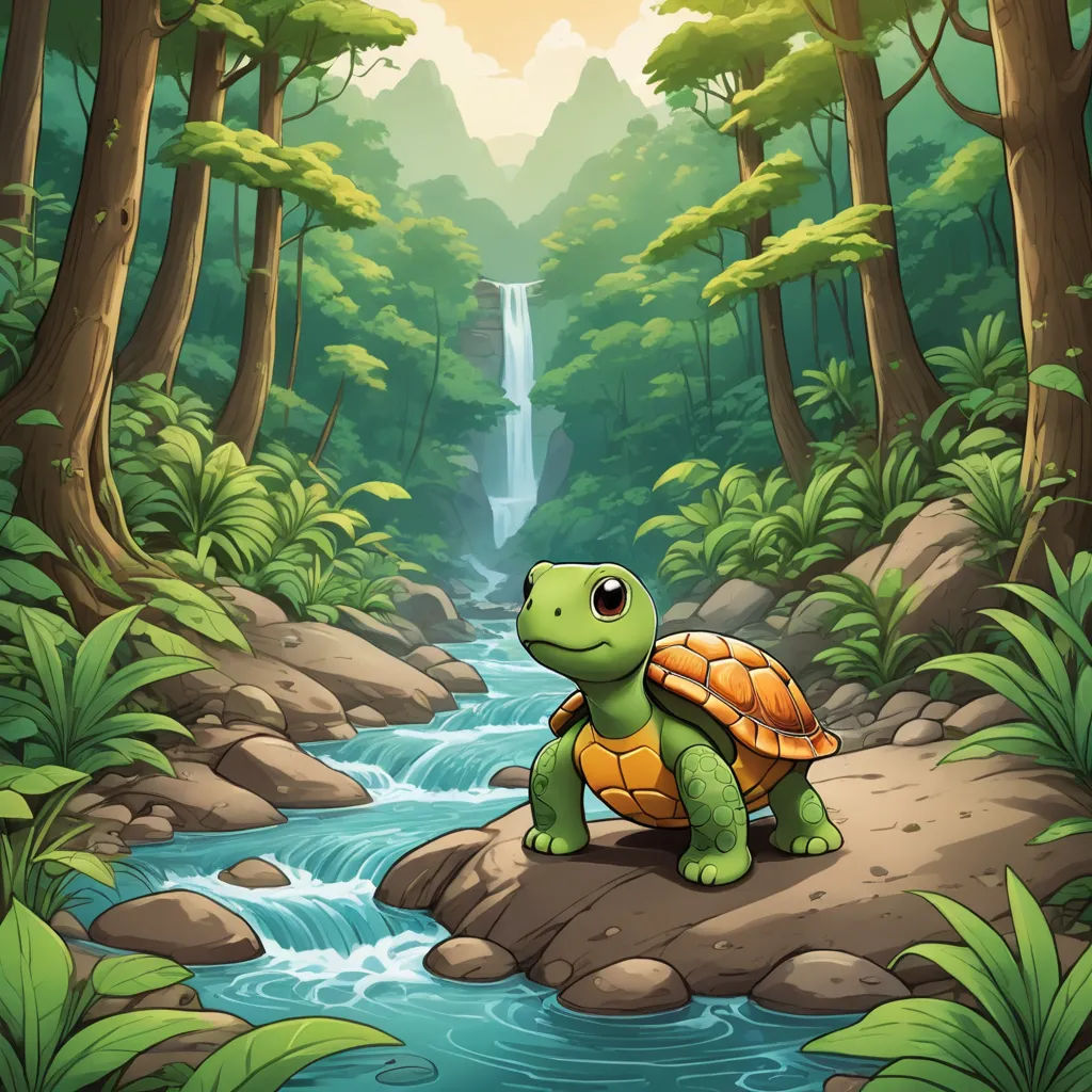 a turtle sitting on a rock in a forest by a waterfall with a waterfall in the background and a waterfall in the background, sots art, a storybook illustration, Chris LaBrooy, game art