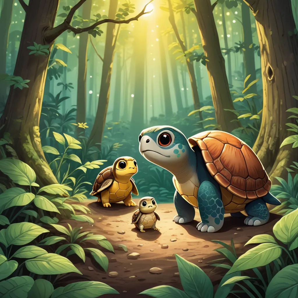 a couple of turtles walking through a forest next to a baby turtle on a path between trees and leaves, sots art, a storybook illustration, Chris LaBrooy, official art