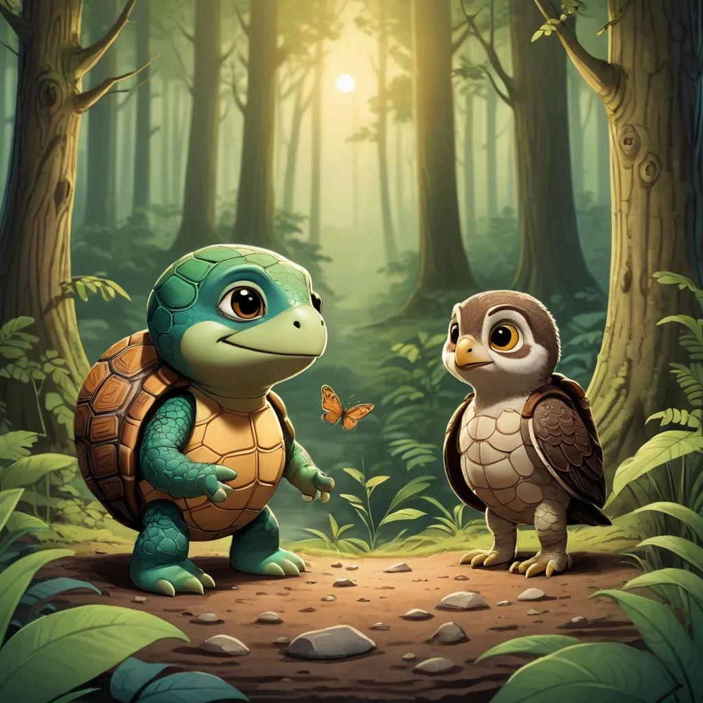 a turtle and a bird standing in the forest together, with a sun shining through the trees behind them, sots art, a storybook illustration, Chris LaBrooy, game art