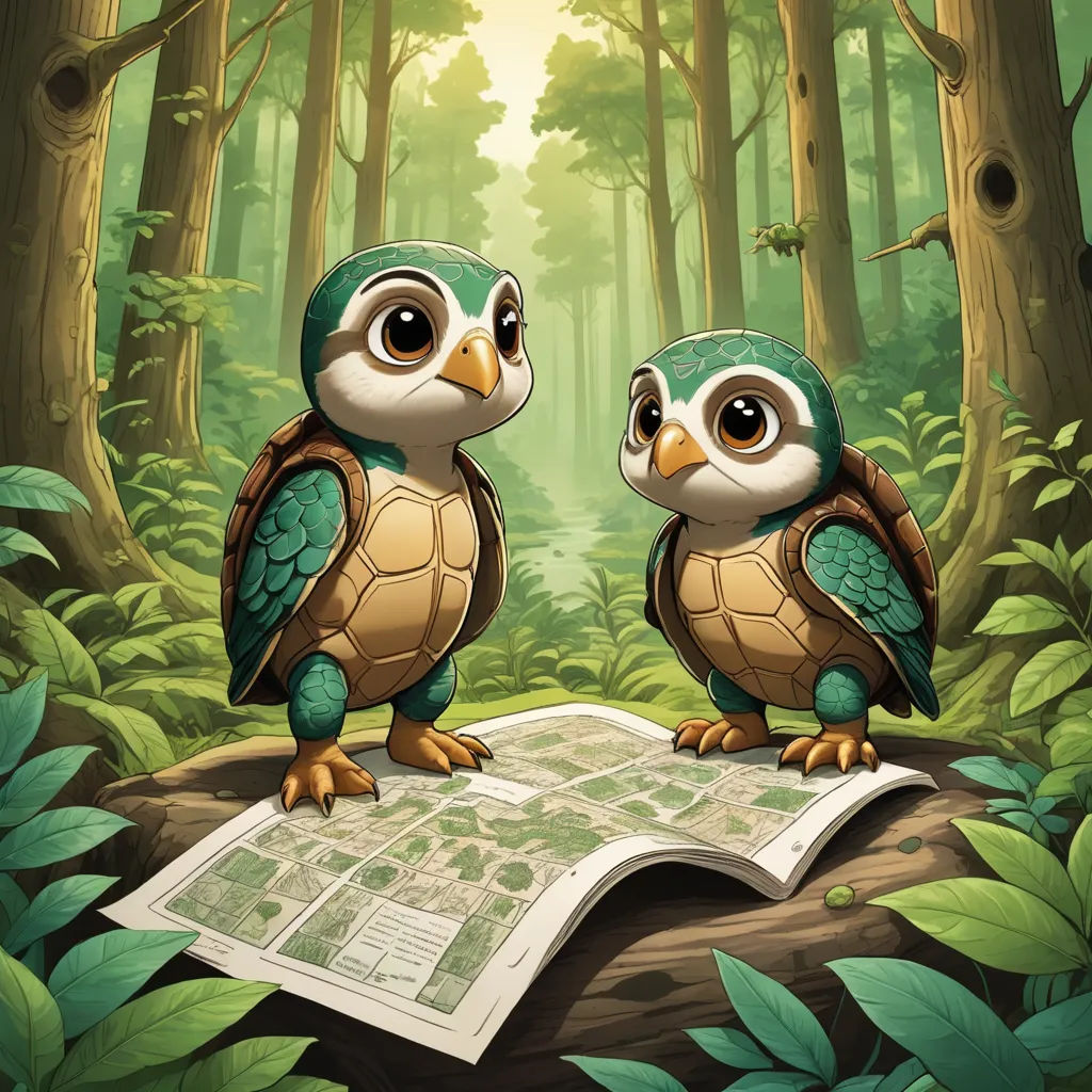 two birds sitting on a tree branch in the forest looking at a map with a forest background behind them, sots art, a storybook illustration, Dan Mumford, game art