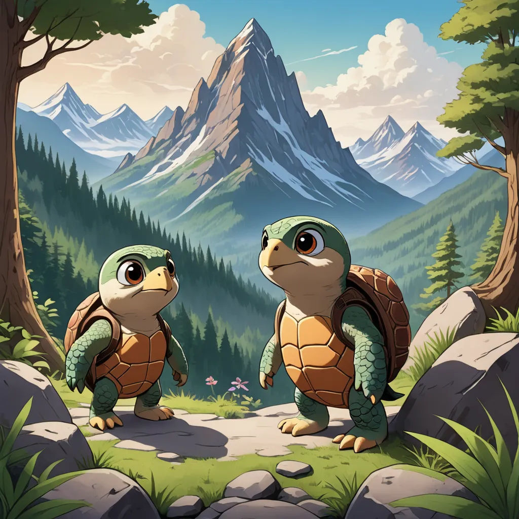 two turtles are standing on a rocky hill with mountains in the background and a forest with trees and rocks, sots art, a storybook illustration, Chris LaBrooy, official art