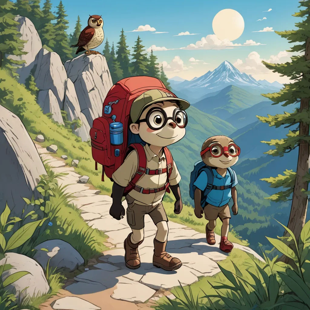 a cartoon of a man and a child hiking up a mountain trail with an owl on his back and a bird on his shoulder, sots art, a storybook illustration, Diego Gisbert Llorens, promotional image