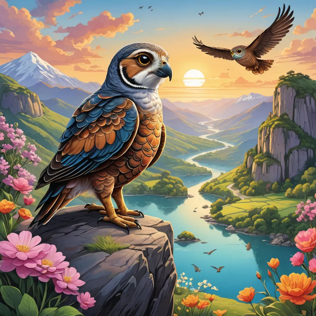 a bird is perched on a rock near a river and mountains with flowers in the foreground and a bird flying over the water, fantasy art, an airbrush painting, Chris LaBrooy, highly detailed digital art