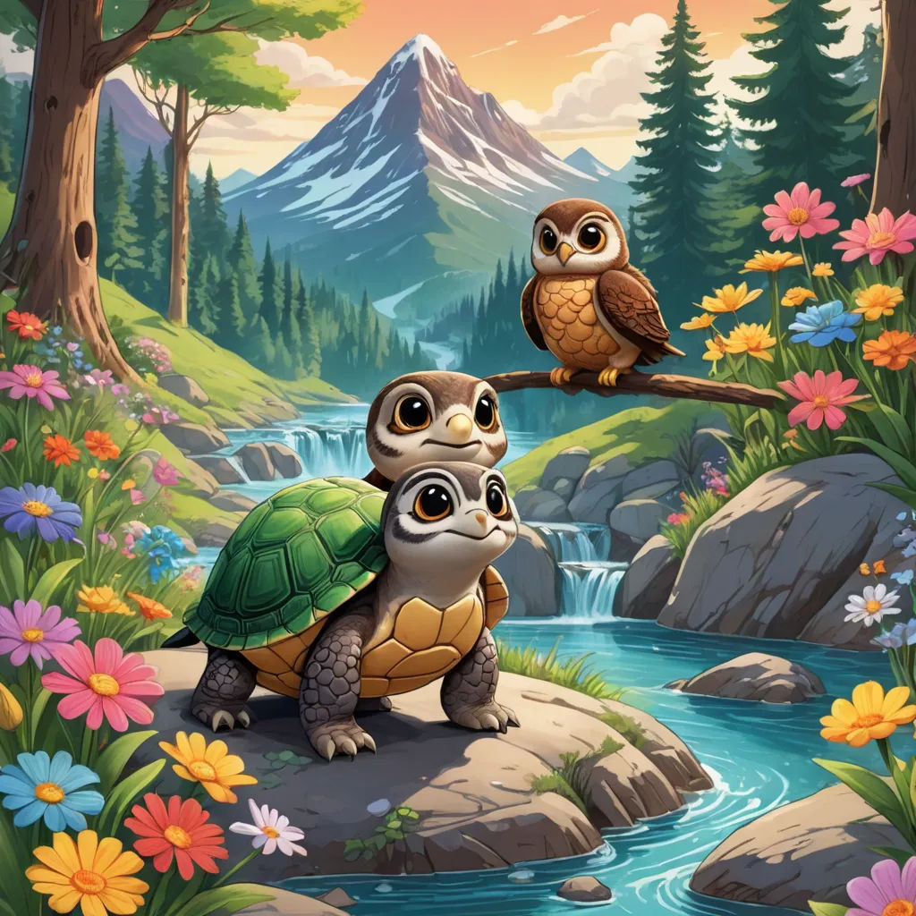 a painting of two owls sitting on a turtle in a forest with a stream and flowers in the background, sots art, a storybook illustration, Dan Mumford, game art