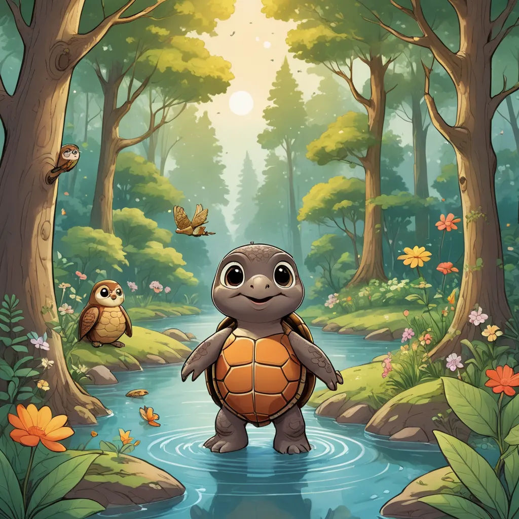 a turtle and a bird are standing in a river in the forest with a sun shining through the trees, sots art, a storybook illustration, Chris LaBrooy, storybook illustration