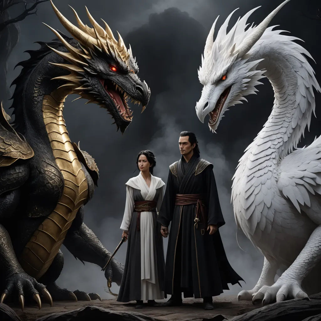 a couple of people standing next to a dragon on a rock formation with a sky background and clouds behind them, fantasy art, poster art, Fang Congyi, dragon art