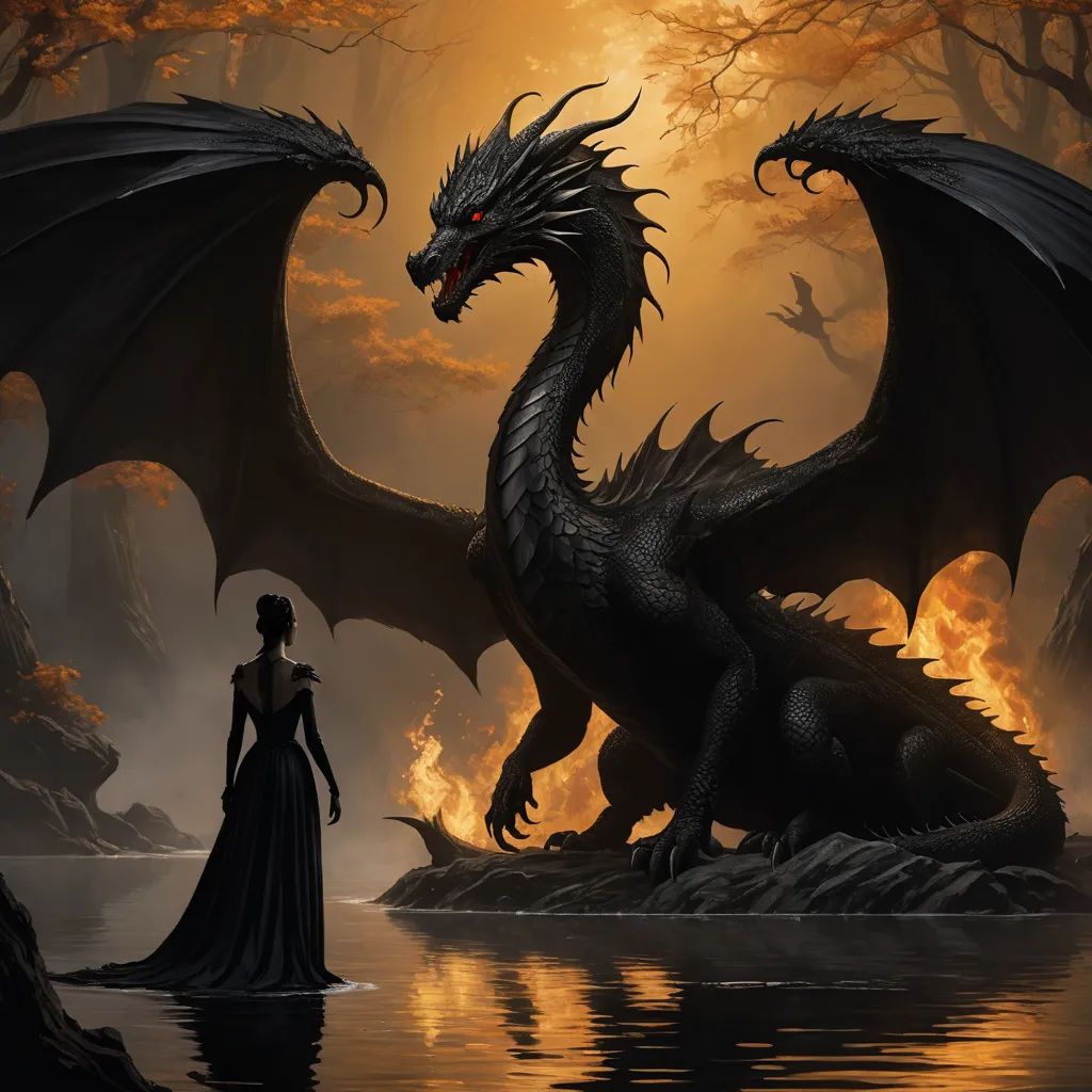 a woman standing next to a dragon near a lake in a forest at sunset with a fire in the background, fantasy art, a storybook illustration, Anne Stokes, dragon art