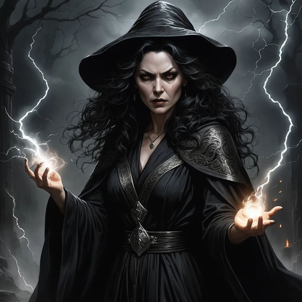 a woman dressed in black holding a lightening wand in her hand and lightning in the background with a dark sky, fantasy art, a character portrait, Art of Brom, magic the gathering artwork