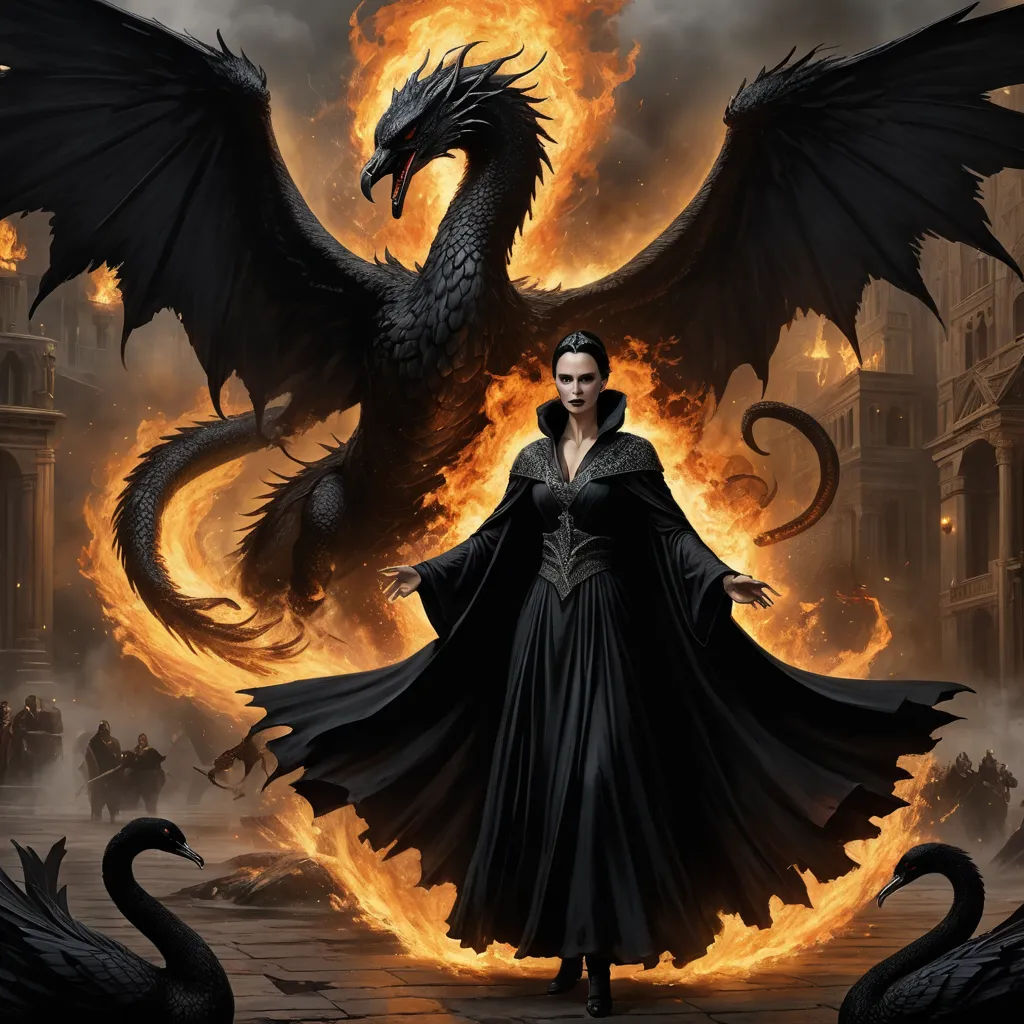 a woman in a black dress standing next to a dragon on fire with flames behind her and a castle in the background, fantasy art, concept art, Anne Stokes, dark fantasy art