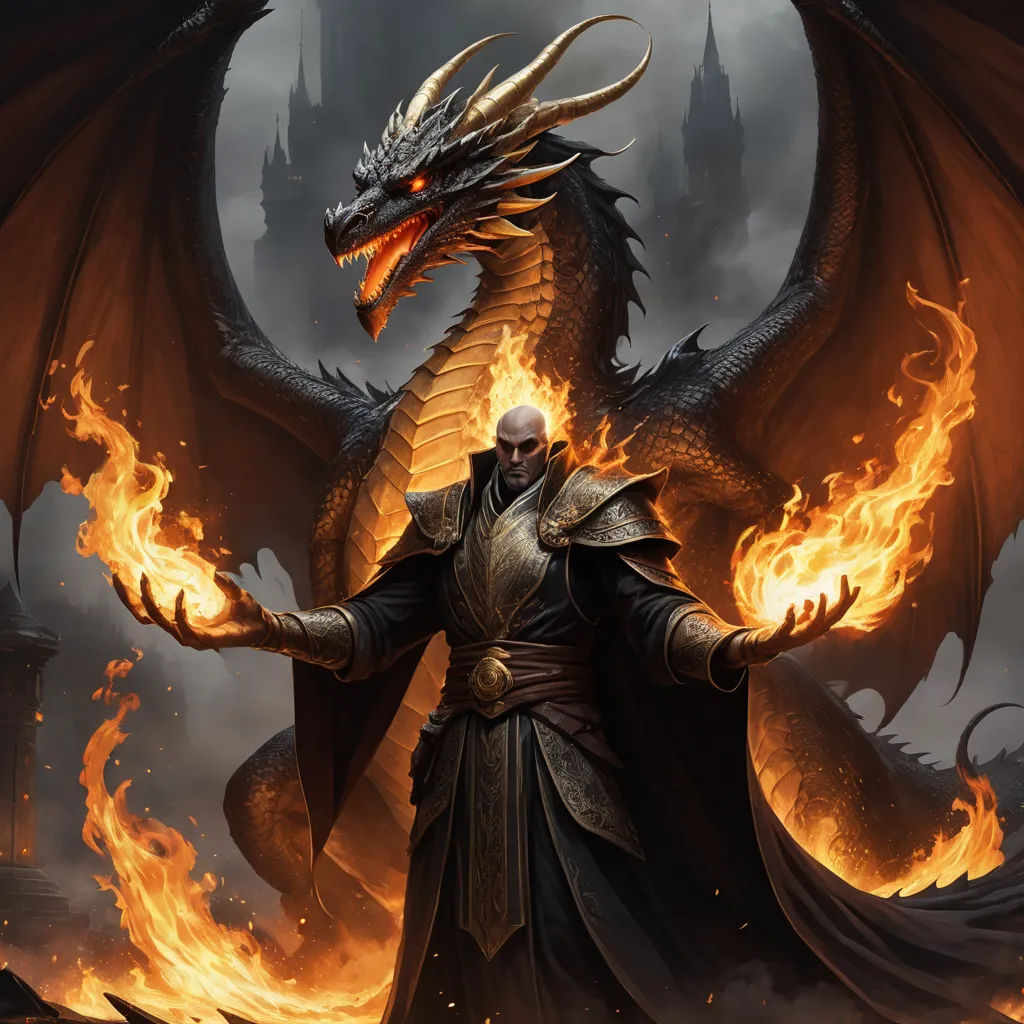 a man in a black outfit with a dragon on his back and a fire breathing dragon on his arm, fantasy art, concept art, Anne Stokes, magic the gathering artwork